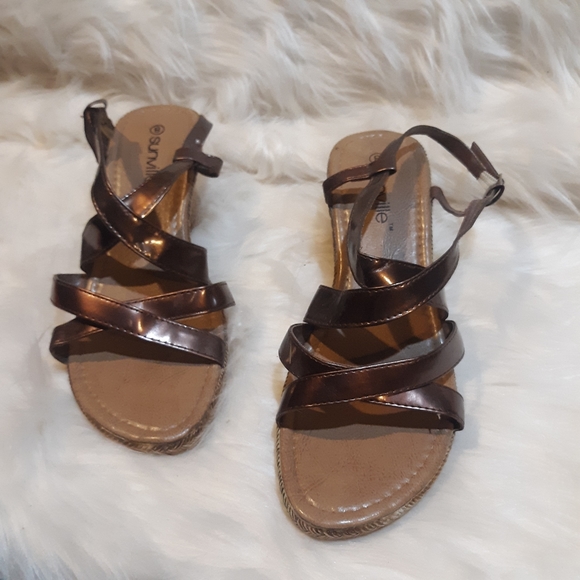 Copper Bronze Wedges Strappy Patent 8 - Picture 2 of 11